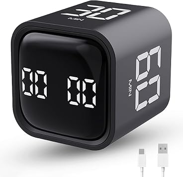 Productivity Timer Flip Gravity Sensor Cube Timer Countdown & Countup,Mute & Vibrate & Sound,5/10/30/60min & Custom Timing, Perfect for ADHD,Work,Learning,Kitchen Cooking 1Black