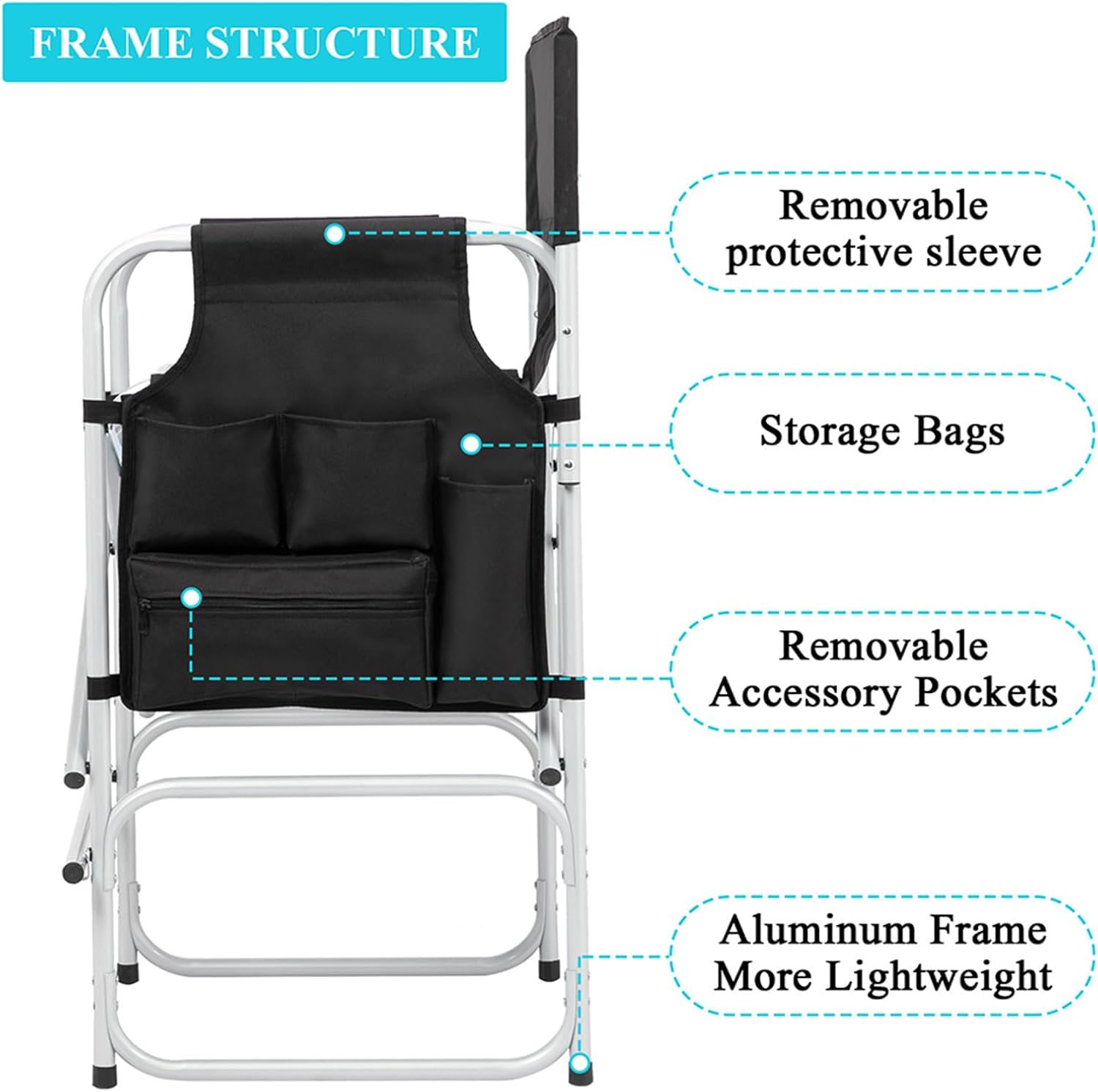 Gerrit 41" Tall Directors Chair Portable Makeup Artist Chair with Side Table Cup Holder Storage Bag and Footrest, Directors Chairs Foldable Makeup Chair for Clients 400lbs Capacity, Black