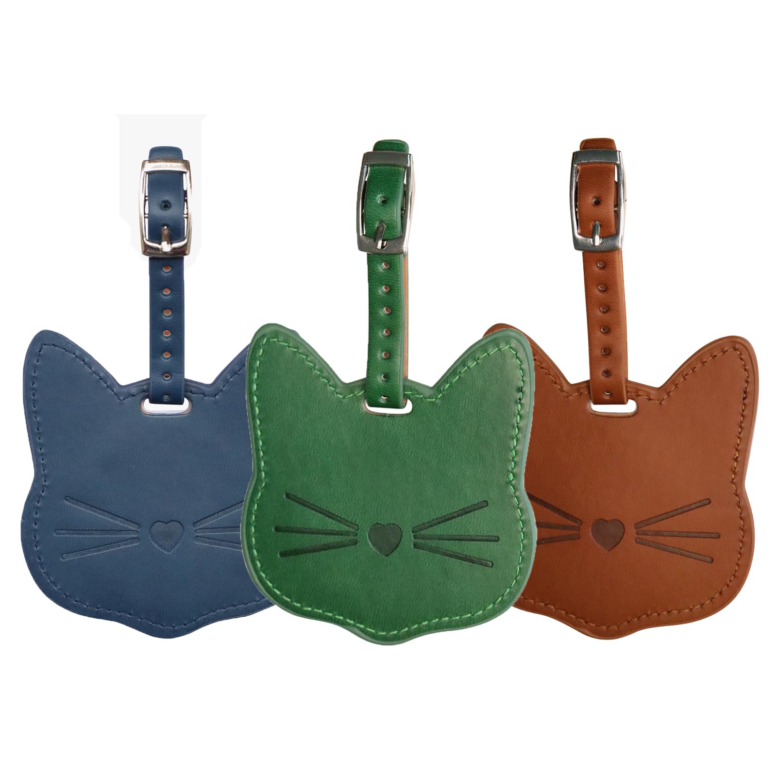 Tskijun 3packs Cat Luggage Tags Premium PU Leahter Luggage Identifiers with ID Label Card and Adjustable Strap Cute Cat Head Shape Identification