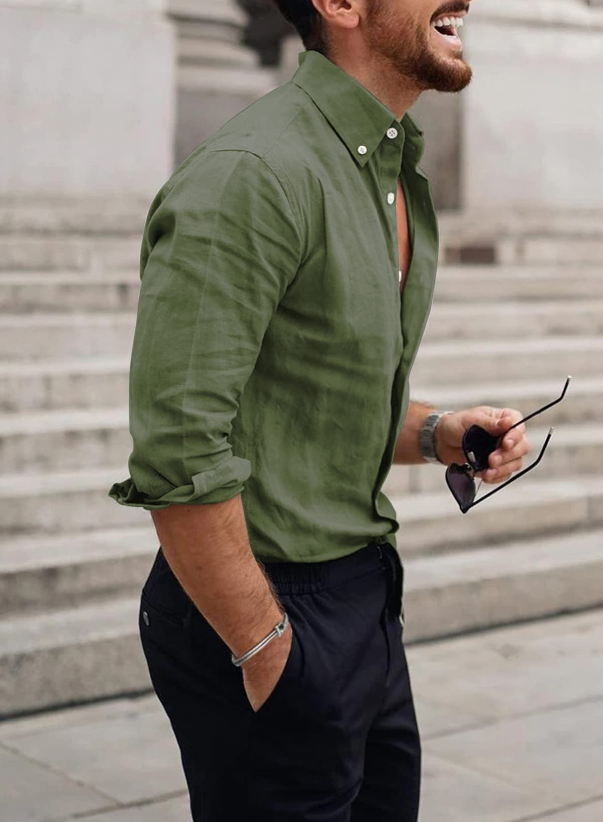 Elegancity Camicia Lino Uomo Manica Lunga Elegante Camicia Uomo Casual con Bottoni Cotone Regular Fit con Bottoni Tinta Unita
