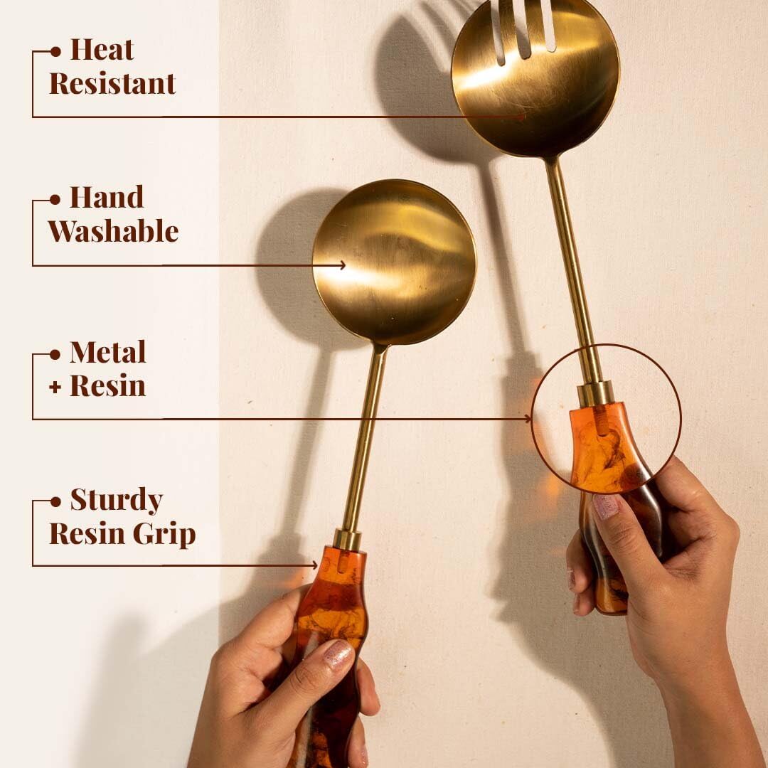 Folkulture Pinzas de ensalada de metal con resina para servir o servir cucharas, pinzas para servir pasta, frutas o ensaladas, tenedores de ensalada de acero inoxidable (marrón dorado, 12 x 3 pulgadas