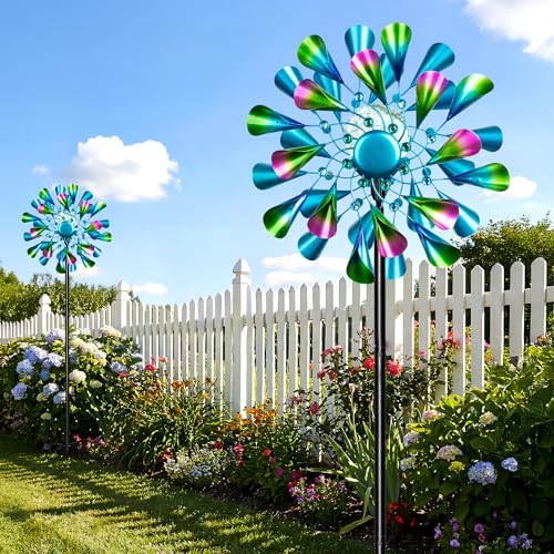 Image of Solar Wind Spinner Outdoor Metal - Peacock Kinetic Garden Sculptures with Color-Changing LED Lights, Waterproof Wind Catchers Yard Art Decor for Patio Lawn, for Women (Green)