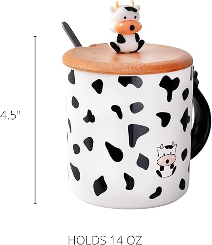 Miniatura 7 de Needzo Taza de vaca con cuchara y tapa de bambú, taza de café blanco y negro para chocolate caliente, té, cereales o avena con tapa 3D, 14 onzas
