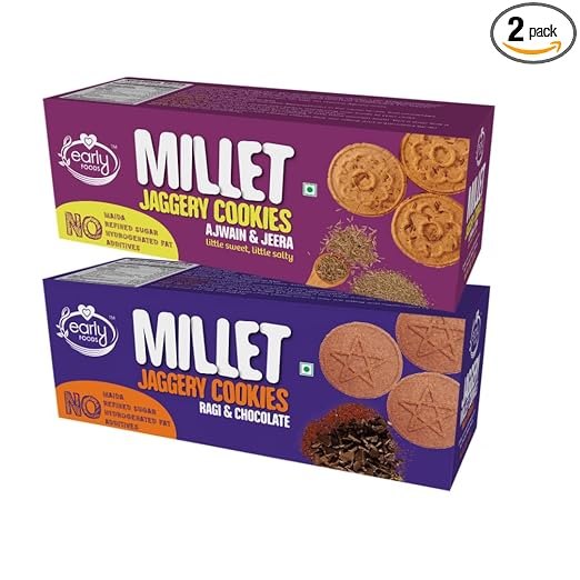 Early Foods Assorted Pack of 2 - Ajwain & Ragi Choco Jaggery Cookies (130 g x 2) | Sugar free biscuits|Millet Biscuits