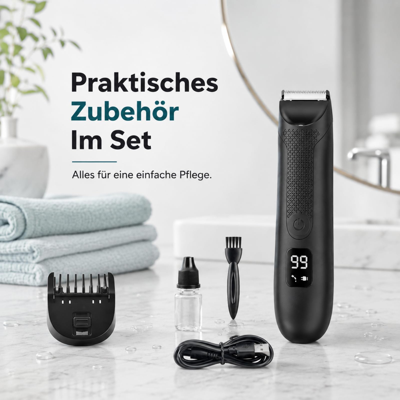 Körperhaartrimmer Herren mit LED Licht und Langem Akku Wasserdichter Bodygroomer mit Keramikklinge für Achseln Brust und Intimbereich