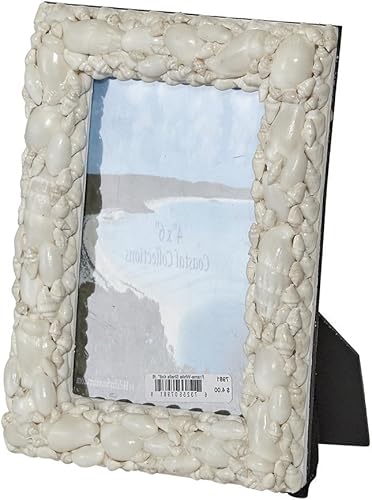 Marco de fotos White Shells de 4 x 6 pulgadas, marco de conchas marinas para fotos de vacaciones en la playa, decoración costera temática náutica