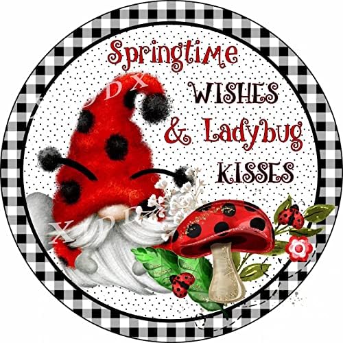Xiddxu Spring Wishes Ladybug Kiss Gnome Summer Round Metal Wreath Sign Funny Summer Tin Sign Bar Coffee Home Kitchen Room Art Wall Plaque Gift Outdoor Indoor Craft Embellishment 12x12 Inch