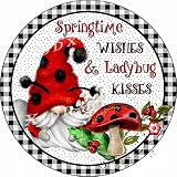 Xiddxu Spring Wishes Ladybug Kiss Gnome Summer Round Metal Wreath Sign Funny Summer Tin Sign Bar Cof