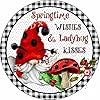 Xiddxu Spring Wishes Ladybug Kiss Gnome Summer Round Metal Wreath Sign Funny Summer Tin Sign Bar Coffee Home Kitchen Room Art Wall Plaque Gift Outdoor Indoor Craft Embellishment 12×12 Inch