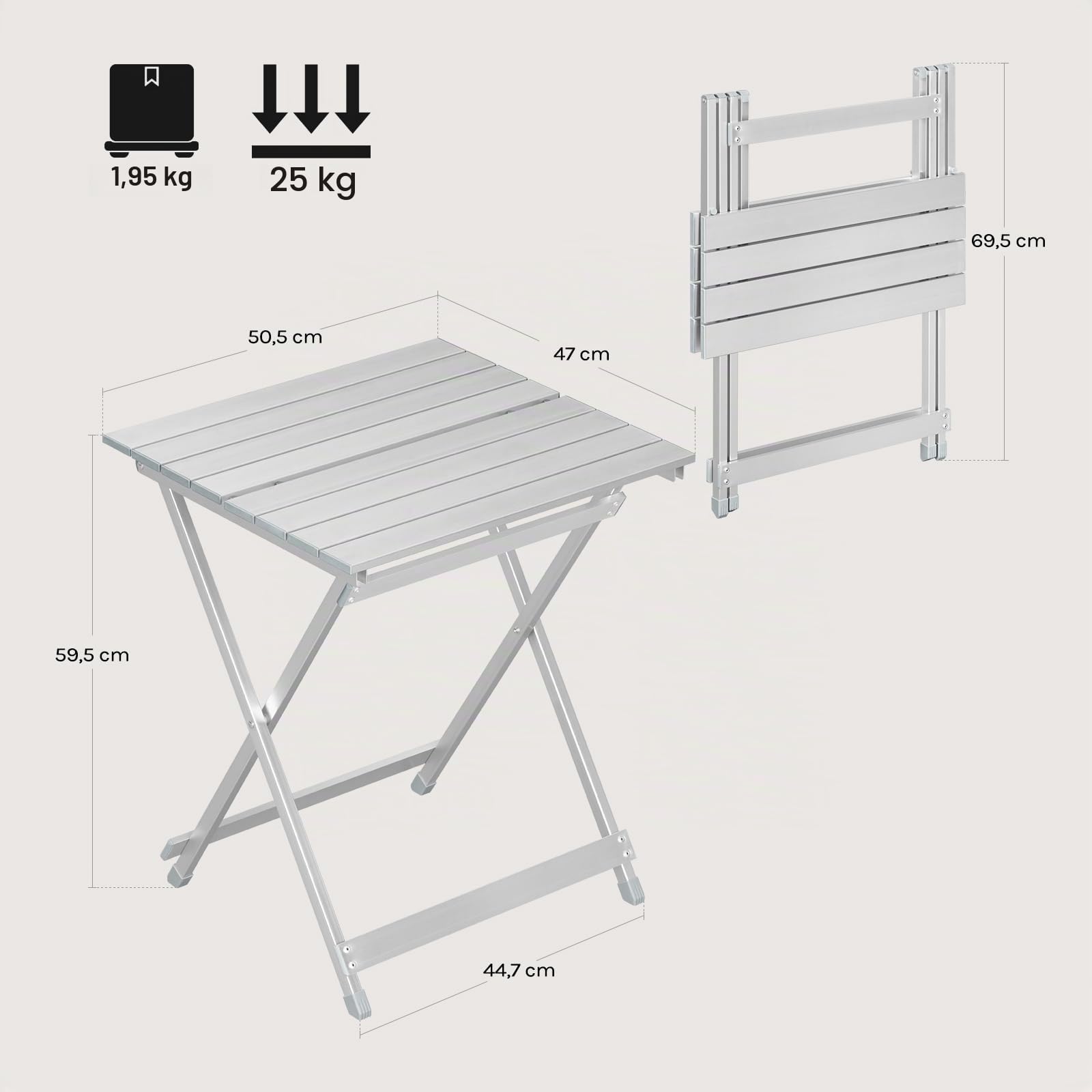 WOLTU Tavolo Campeggio in Alluminio Tavolino Pieghevole Tavolo da Giardino Piccolo da Balcone, Picnic, Spiaggia, 50.5x47x59.5cm, Argento