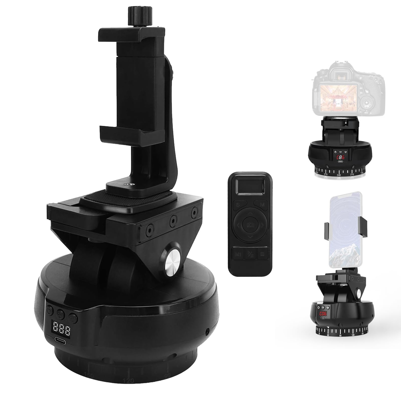 Tripod Head, Tripod Ball Head 360 Degree Rotating Panoramic, Motorized Panoramic Head with 2.4G Remote Control and Cell Phone Clip, Monopod, Slider, DSLR Camera, Camcorder