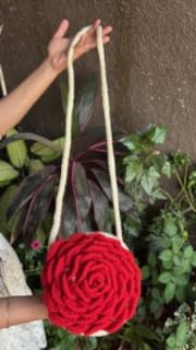 Image of Handmade Crochet Rose Crossbody Bag, Red and Cream, Floral Design, Shoulder Purse with Strap