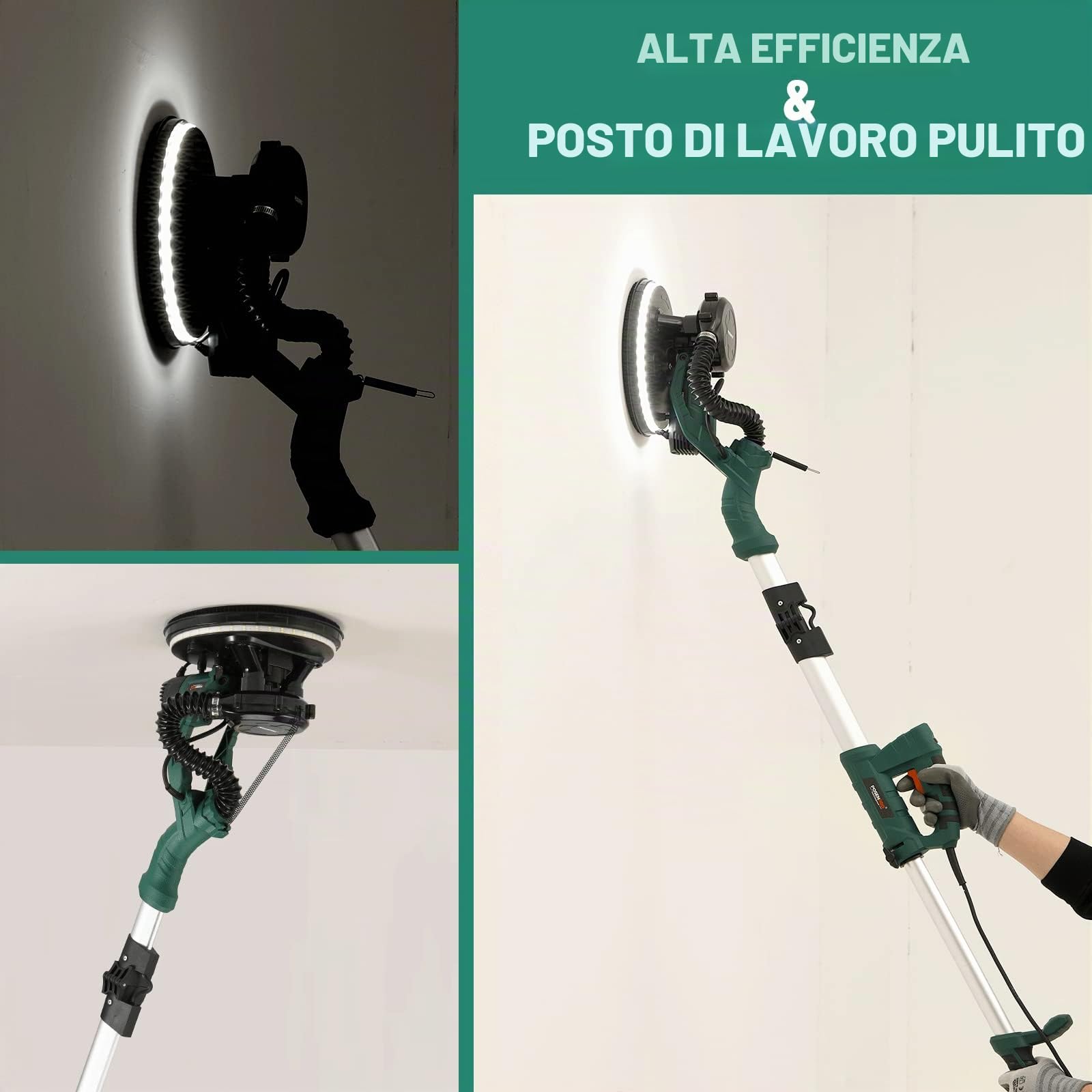 POSENPRO Levigatrice per muro telescopica, 810 W, diam. Platorello 215mm, impugnatura telescopica, attacco per aspiratore, incl. 18 carte abrasive