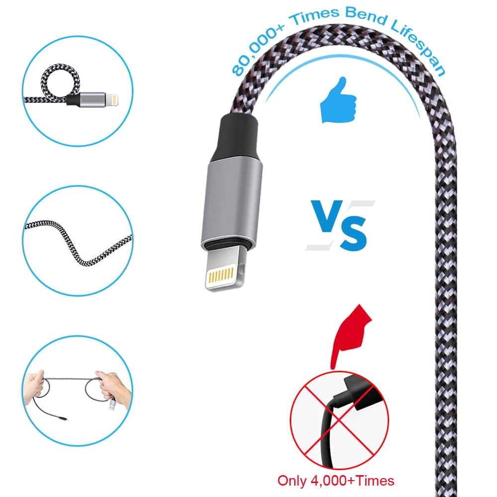 TAKAGI Lot de 3 câbles Lightning en nylon tressé pour iPhone, certifié MFi, câble de charge USB haute vitesse, compatible avec iPhone 14/13/12/11 Pro Max/XS MAX/XR/XS/X/8/iPad (noir)