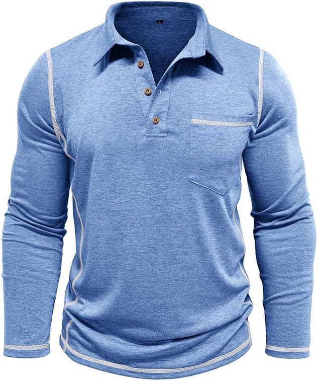 Men's Casual Long Sleeve Polo Shirts Collared Button Cotton T-Shirt Classic Stylish Golf Shirt with Pocket - Image 2