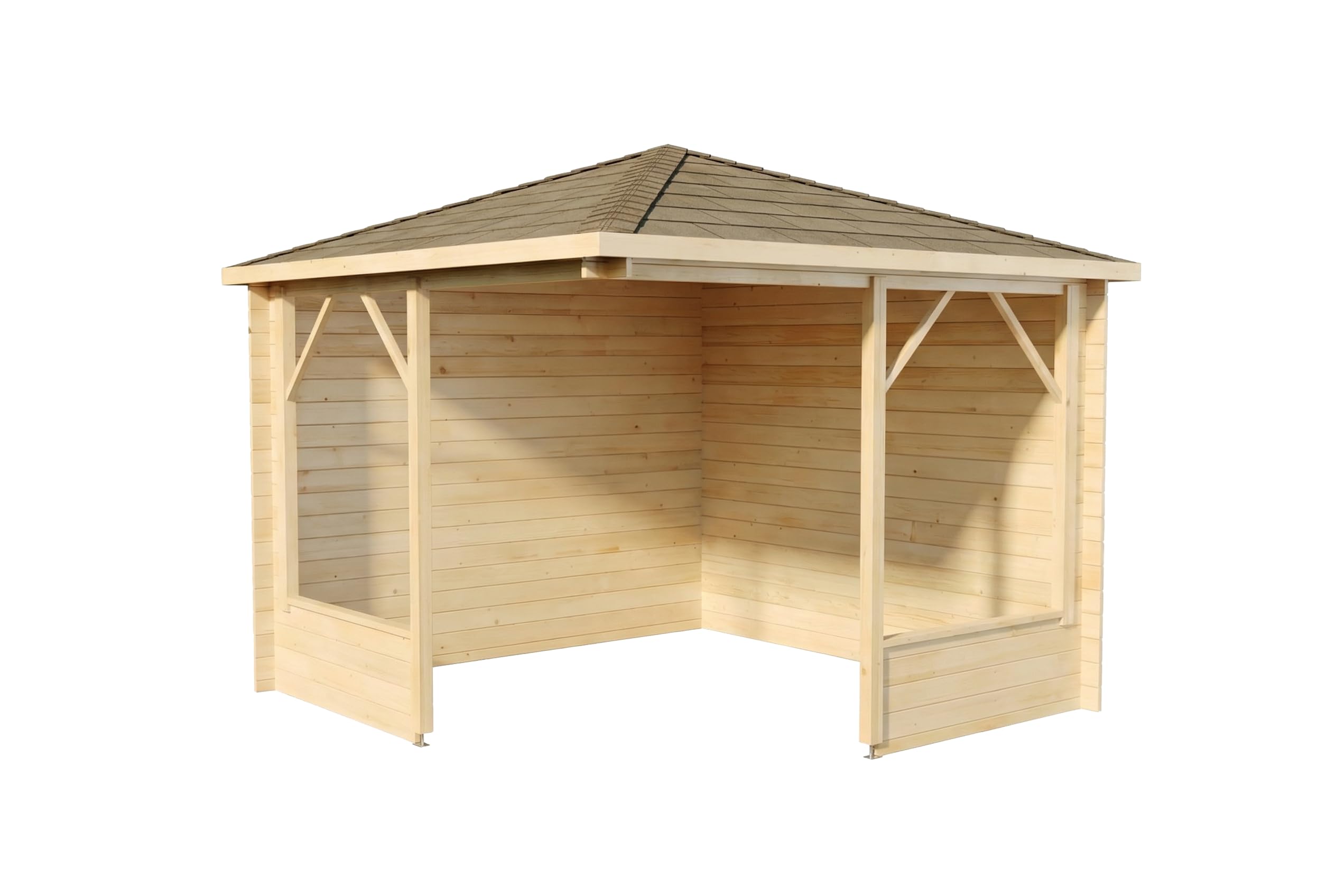 Alpholz 5-Eck Pavillon Maik-28 aus naturbelassenem Holz, 300 x 300cm mit 28 mm Wandstärke