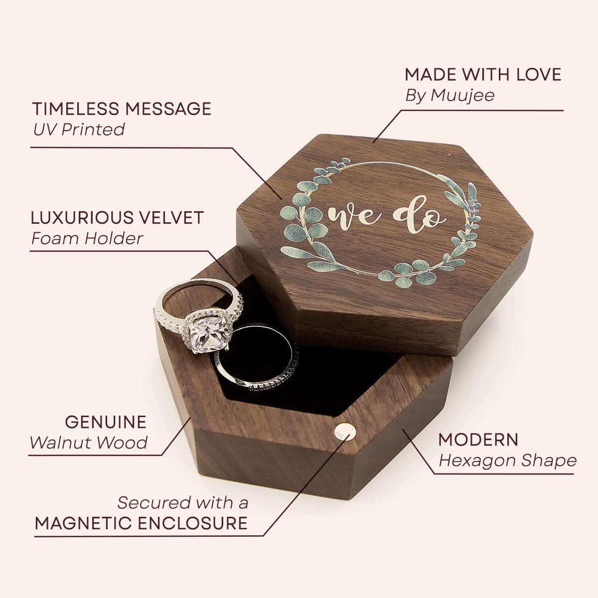 MUUJEE We Do Ring Box - Hexagon Wooden Jewelry Case for Wedding Ceremony Ring Bearer Box - Anniversary Birthday Gift Ideas