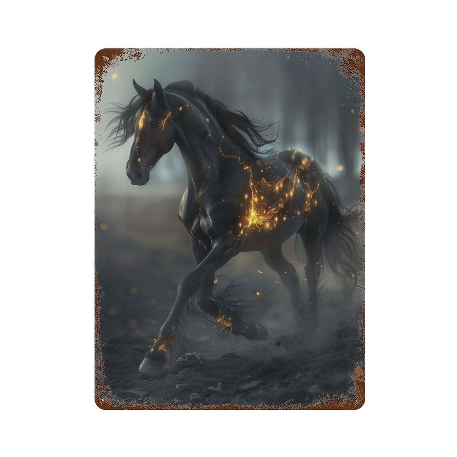 Fantasy Horse Glow Black Weathered Tin Sign 15.7"x11.8", Rustic Home Decor for Office, Studio And Wall Decor
