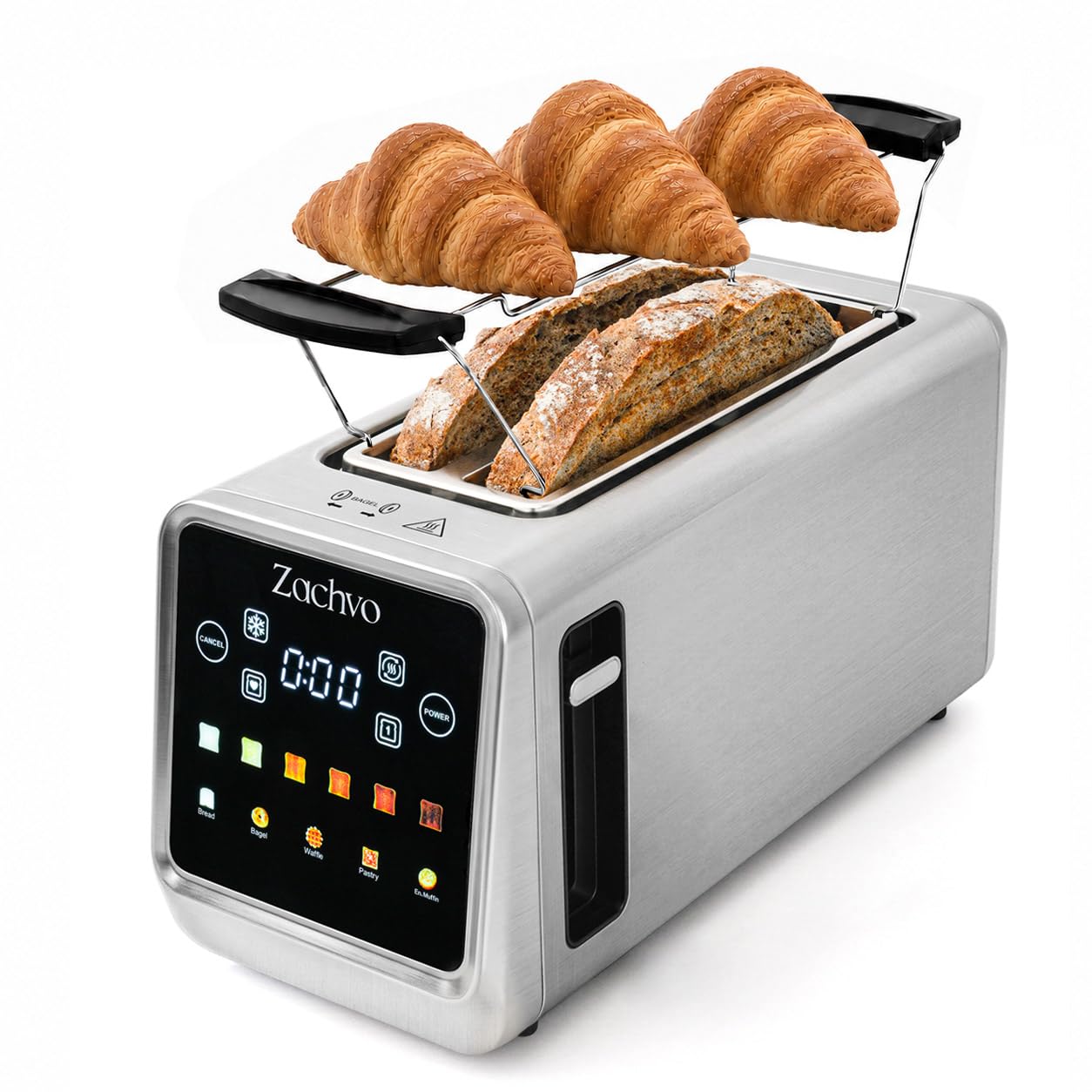 ZACHVO 4 Slice Long Slot Toaster, Stainless Steel, Smart Touchscreen with LED Countdown, Memory Function, 6 Browning Levels, 5 Bread Programmes, 235 mm Slots for Bread Slices