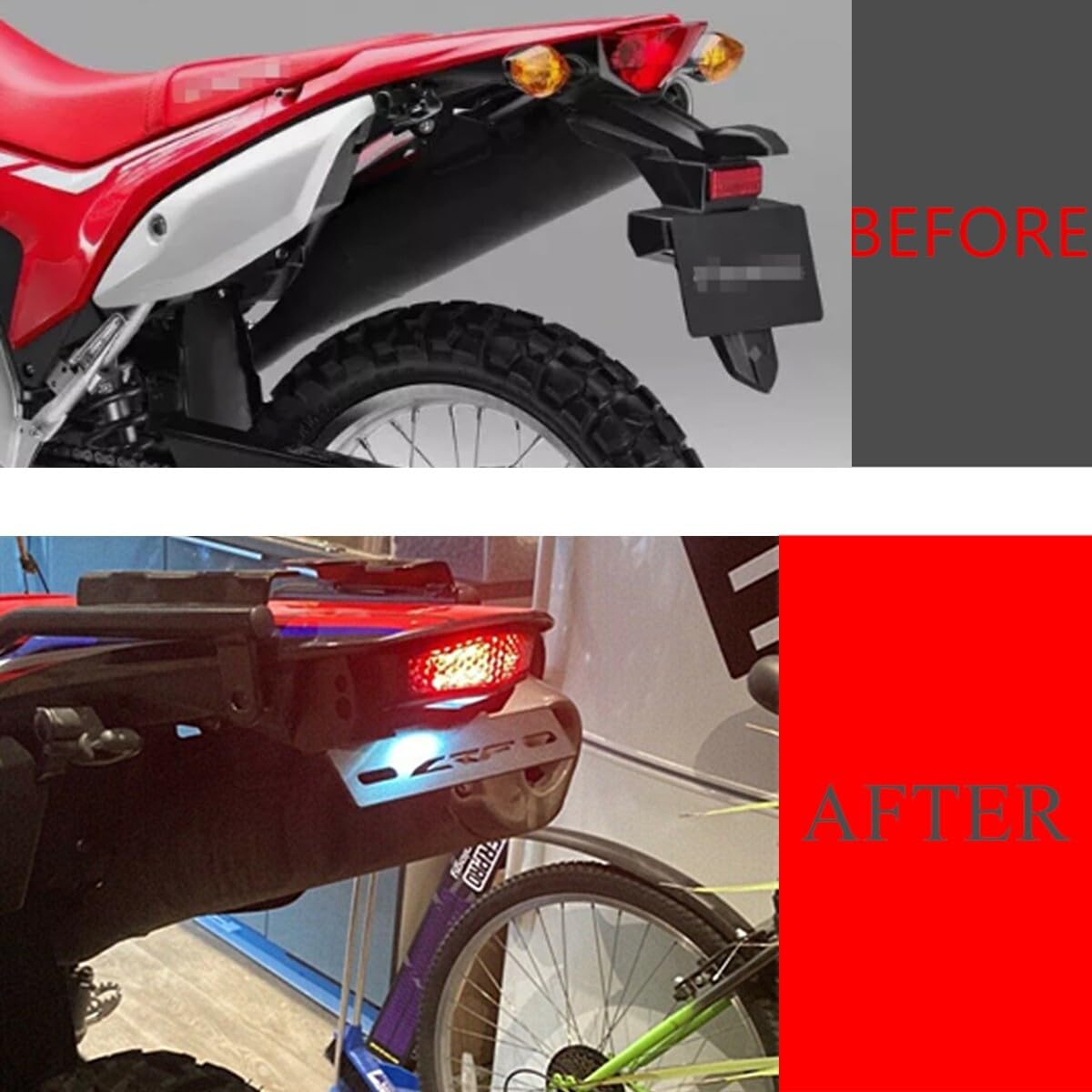Kennzeichenträger-Set für CRF250L/CRF250L Rally (2013-2020)-Heckumbausatz inkl. LED-Rücklicht/Bremslicht,Blinker,Kennzeichenbeleuchtung & Heckkotflügel-Entferner, Heckaufräumfunktion (Transp.-Transp)