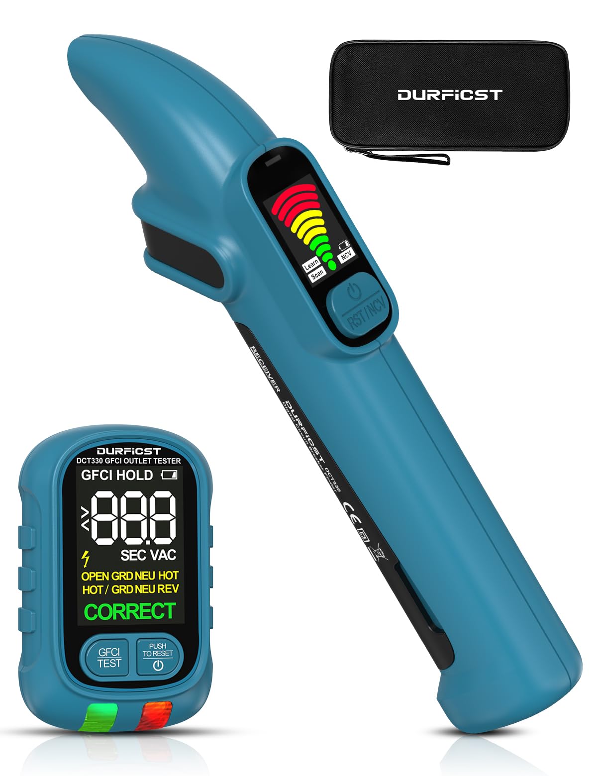 DURFICST Cerca Interruttori Automatici Tester per Prese GFCI/RCD | Rilevatore di Cavi NCV 198-264V con Doppio Display LCD Allarme Acustico per Casa/Officina
