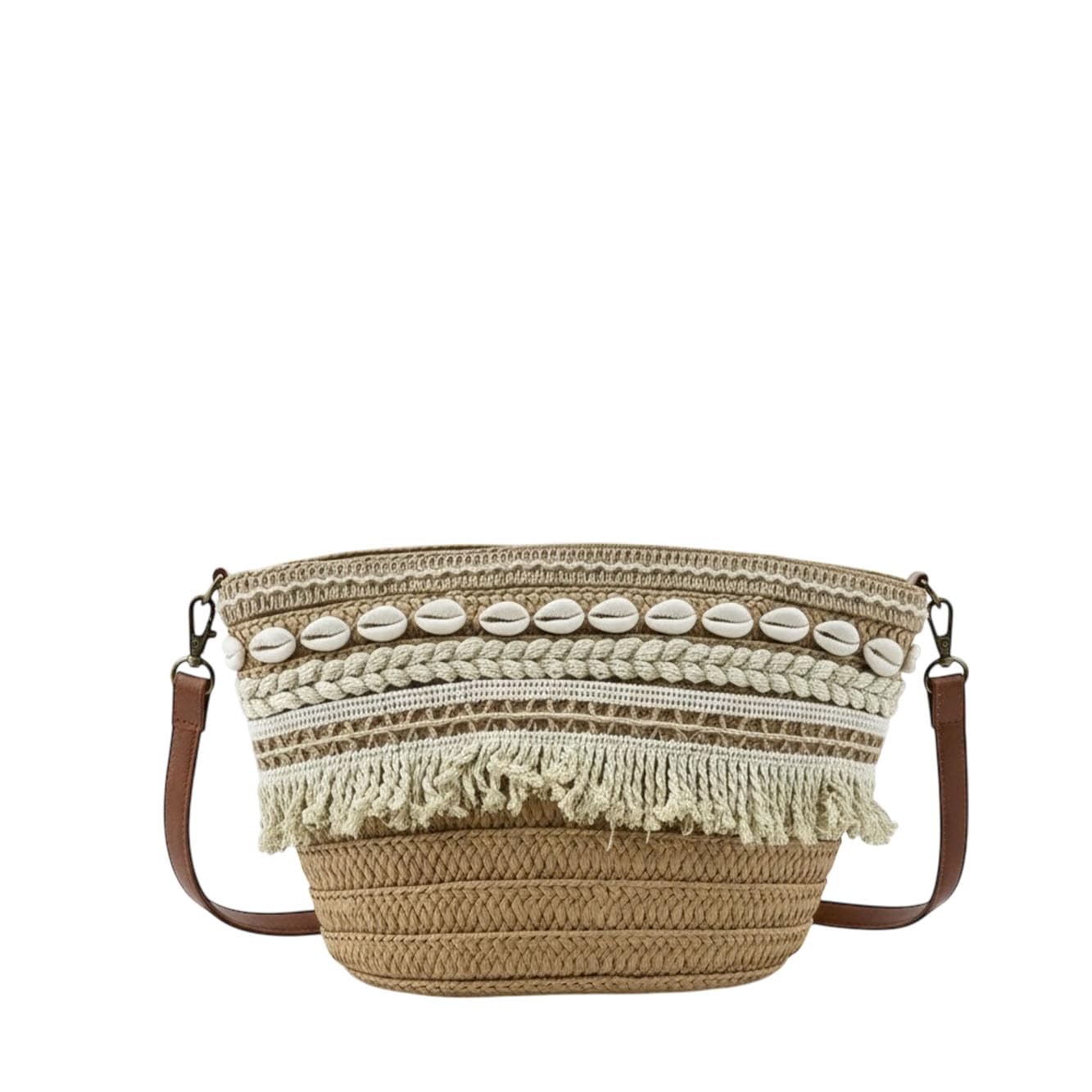 MODELISA - Bolso Bandolera Capazo Rafia Paja Con Conchas Y Flecos Estilo Bohemio Mujer