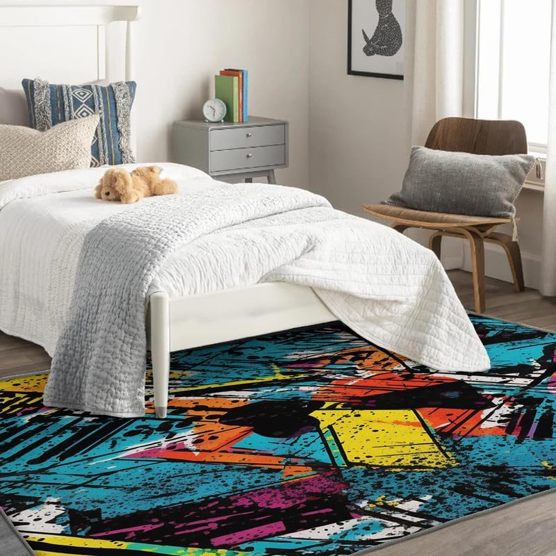 Miniatura 17 de Alfombras lavables para sala de estar, dormitorio, alfombra de graffiti musical y decoración del hogar, alfombra de área de hip hop de 3 x 4, Música