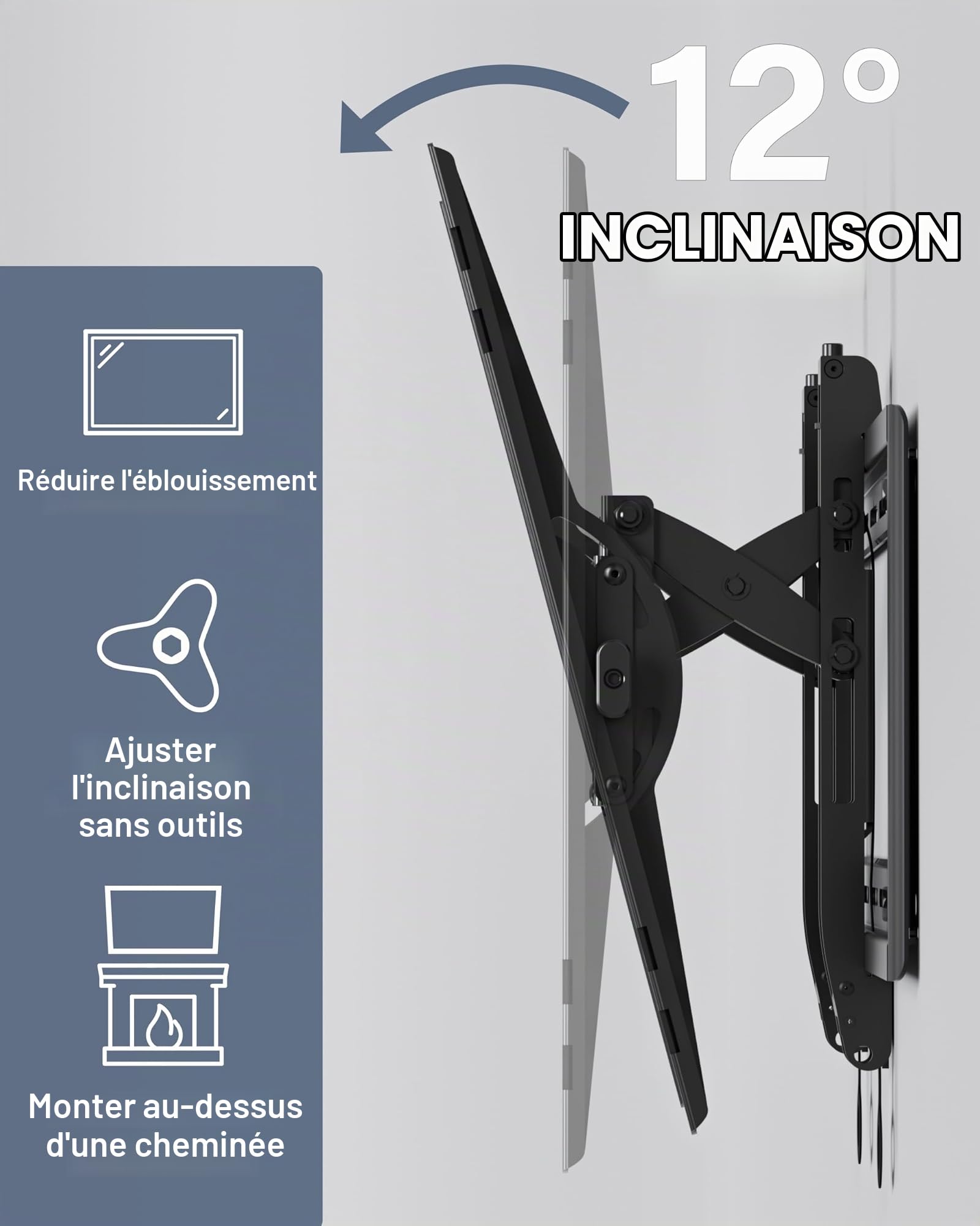 SANUS Support mural inclinable pour grands téléviseurs jusqu'à 90", ajustement universel – Extension lisse de 14,5 cm pour gestion des câbles – Matériel et gabarit de perçage inclus