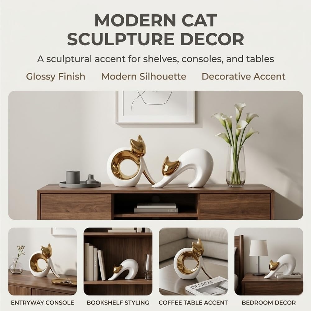 Abstract Stretching Cat Statue for Modern Home Decor, 4.75'' White and Gold Minimalist Cat Figurine for Table, Shelf, Desk, Entryway, Mantle Decor, Perfect for Animal & Pet Lovers