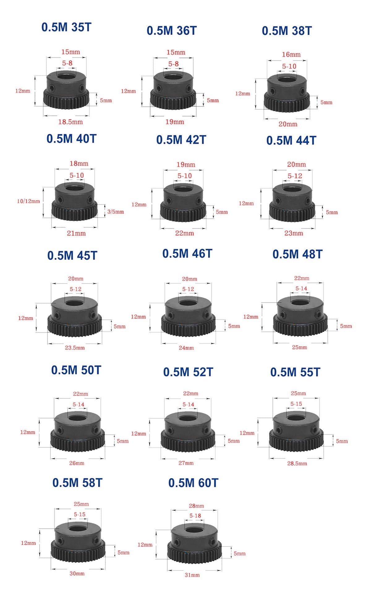 Bevel Gear Pinion Hardware Mechanical Spur Gear 0.5M 35T - 60T Metal Transmission Gear 45# Steel 0.5 Modulus Pinion Gears Surface Blackening Bore 10mm(45 T)