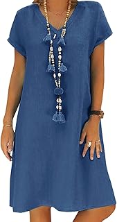 Summer Dress, Women's Linen Dresses, Casual, V-Neck Midi Dress, Short Sleeve A-line Dress, Beach Dress Without Accessories