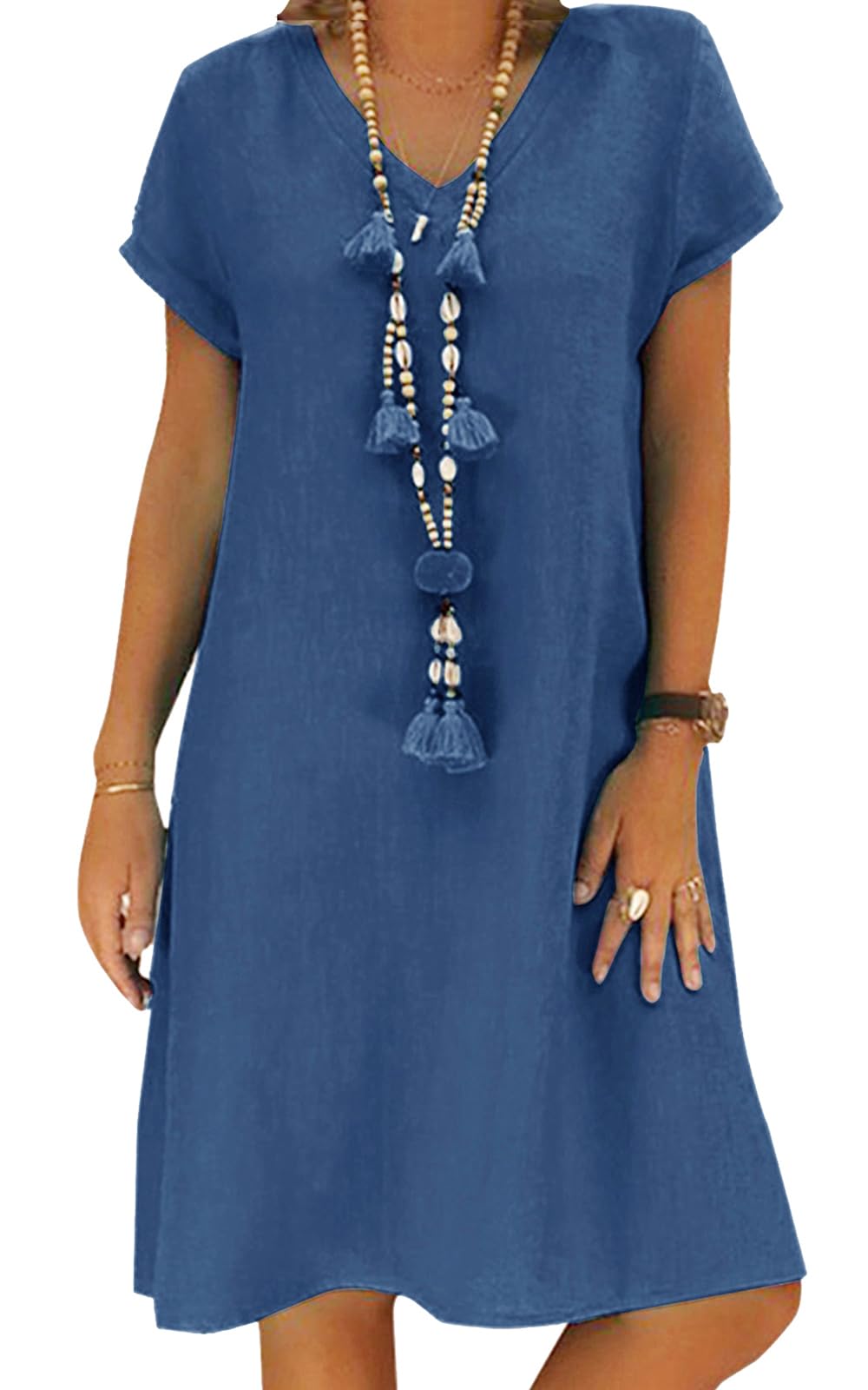 Tincini Sommerkleid Damen Leinen Kleider Casual V-Ausschnitt Midikleid Kurzarm A-Linie Kleid Strandkleid Ohne Zubehör