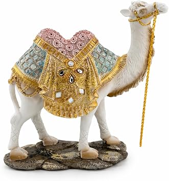 Ornate White Camel Figurine Decorative Resin Camel Statue with Gold Embellished Saddle & Chain Luxury Home Decor Accent for Mantel, Shelf, Tabletop 7 2.5 7.75 in, 1 lb