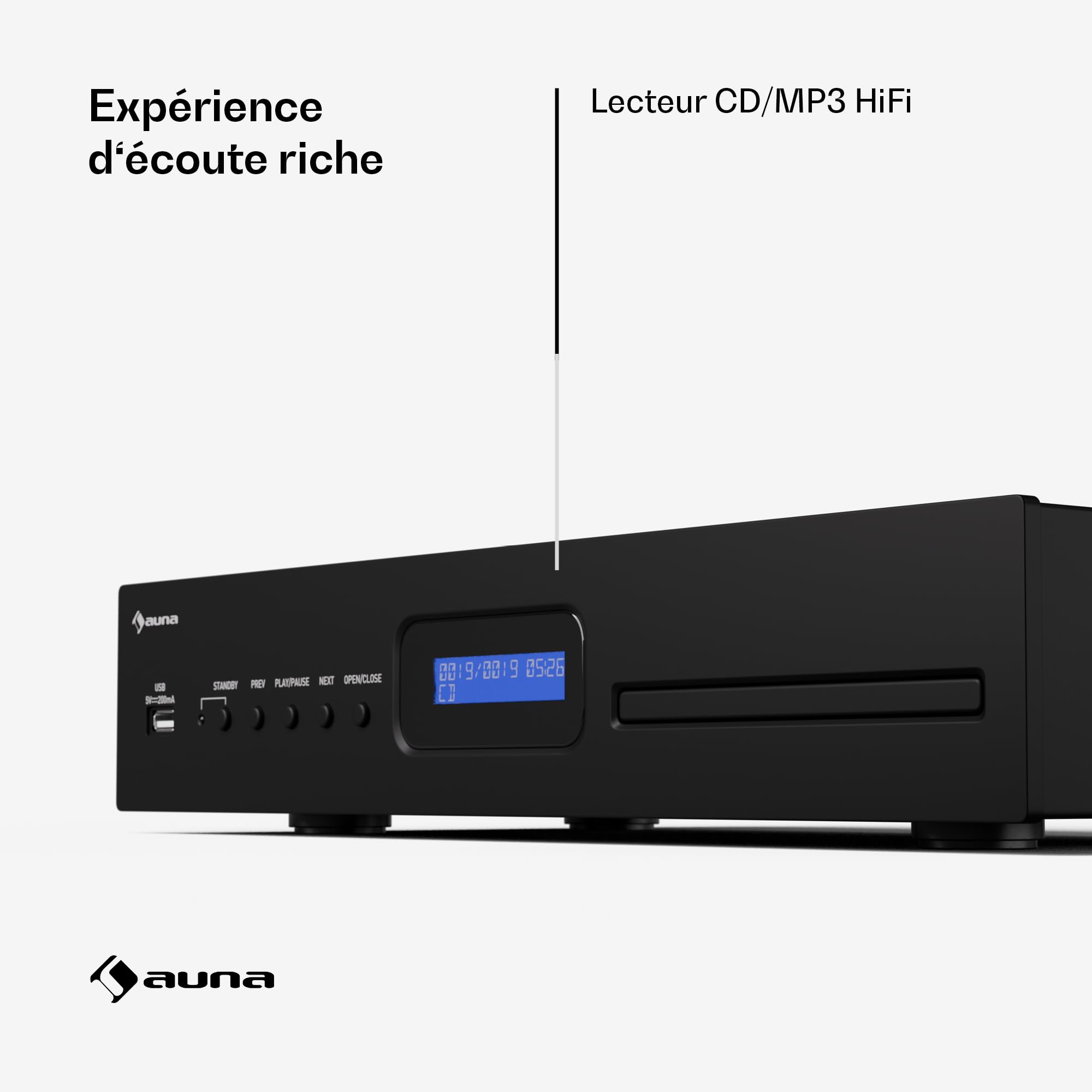 Auna Art22 Lecteur CD Hi-FI avec Lecteur à Fente, Entrée USB, Lecture CD-MP3, Télécommande, Sorties Optiques & Coaxiales – 130W – Noir