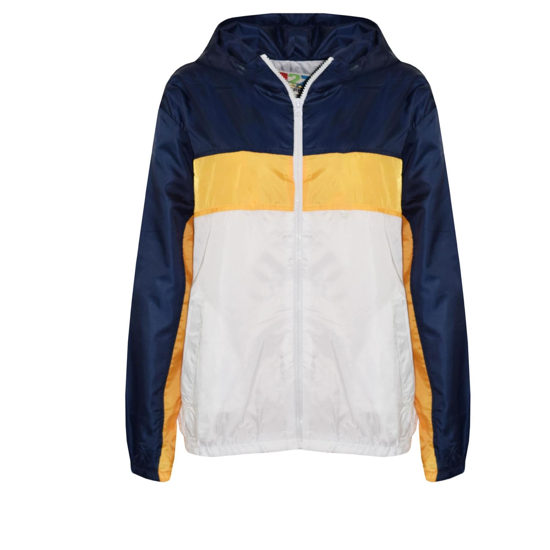 Kids Boys Girls Windbreaker Contrast Block Hooded Jackets Rain Mac Raincoat 5-13 Mustard