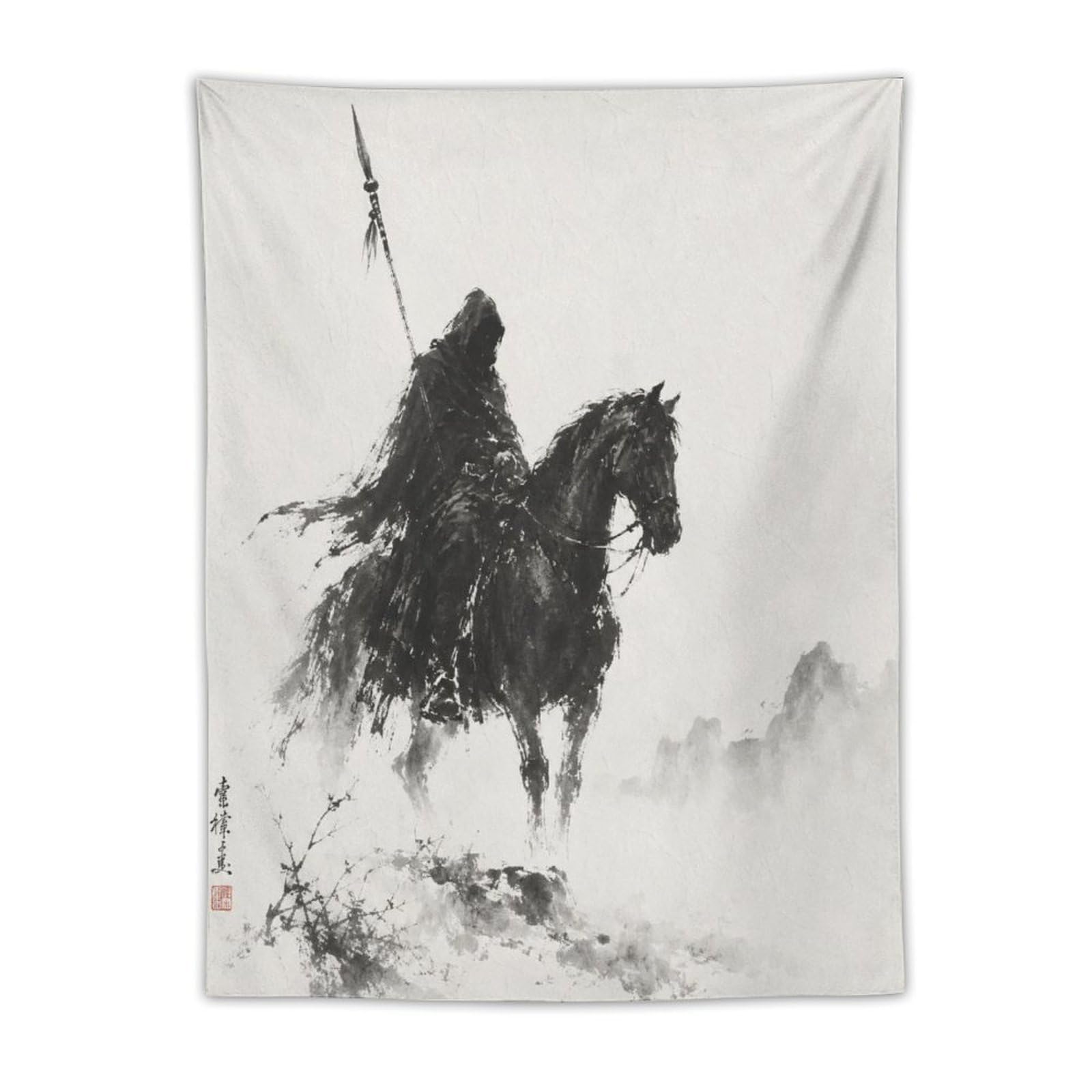 W7C8U2X3 Horseman Ink Silhouette Wall Tapestry, Asian Ink Style, Apartment