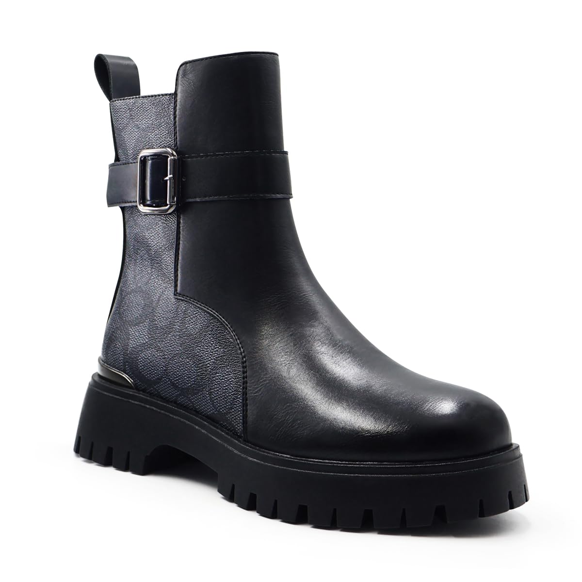 Womens Combat Boots Black Leather Platform Chunky Lug Sole Buckle Strap Design Military Style Ankle Boots