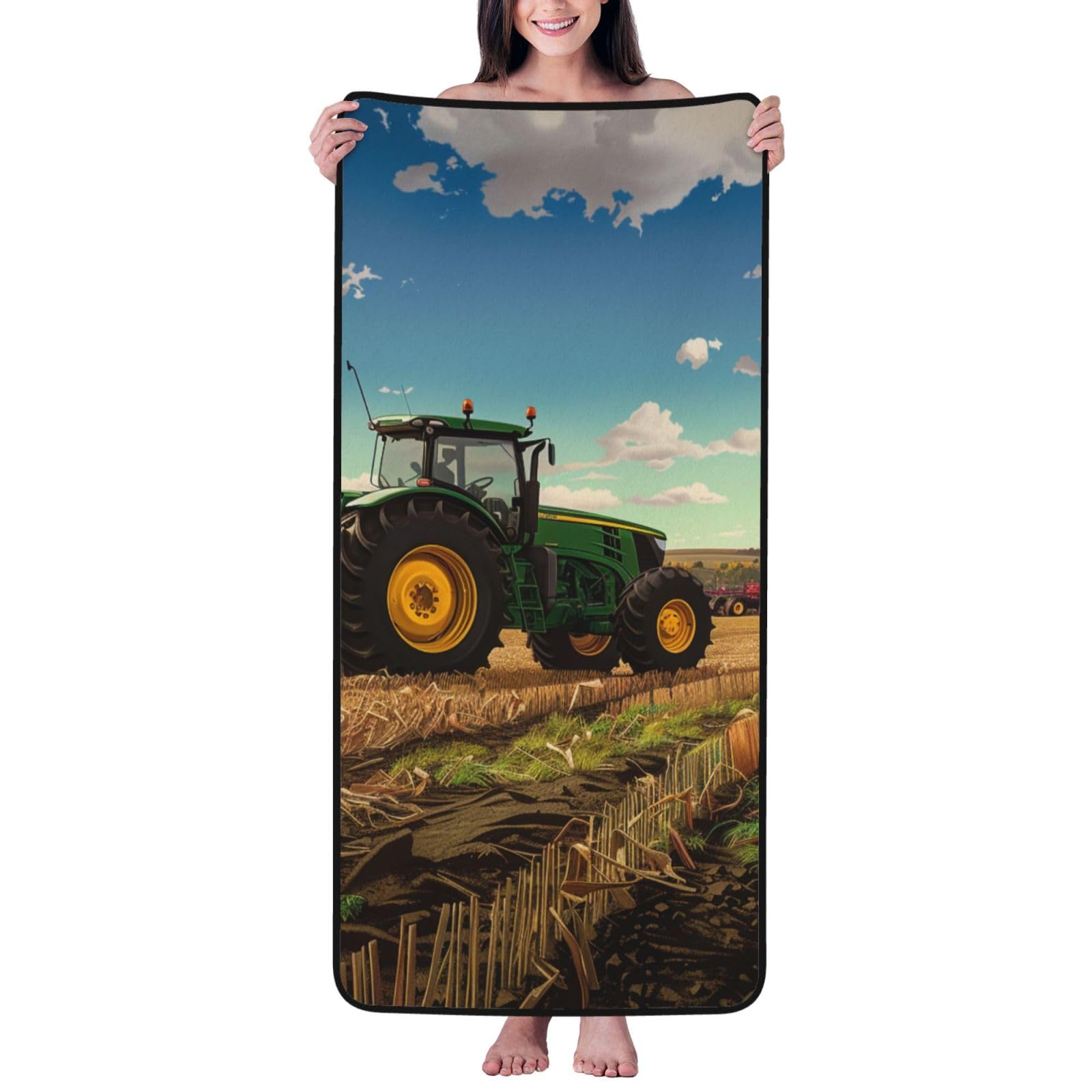 WPKJU Tractor Farm Printed Bath Towel with Black Edging - 27x55 in Soft Extra Absorbent Coral Velvet Shower Towels for Bathroom