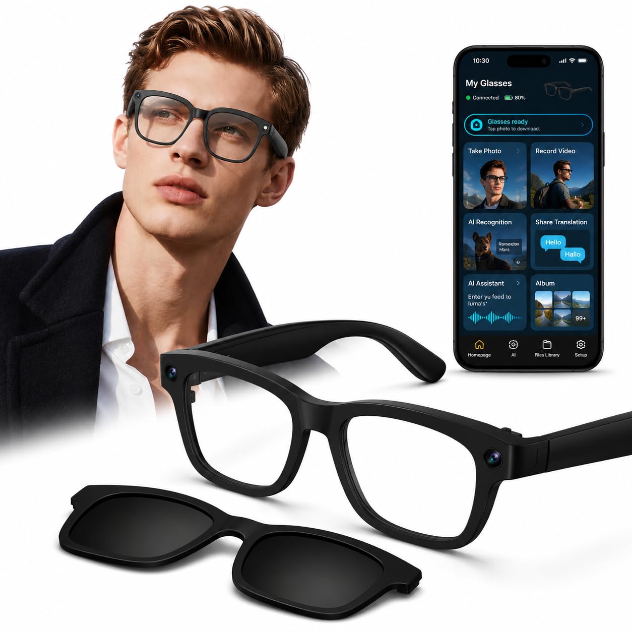 Occhiali con Telecamera HD 8MP, Video, Batteria 7 Giorno, Smart Glasses Ai | Traduzione in Tempo Reale/Riconoscimento di Oggetti/Assistente vocale, Occhiali Smart con Chiamate Bluetooth & WIFI, Musica