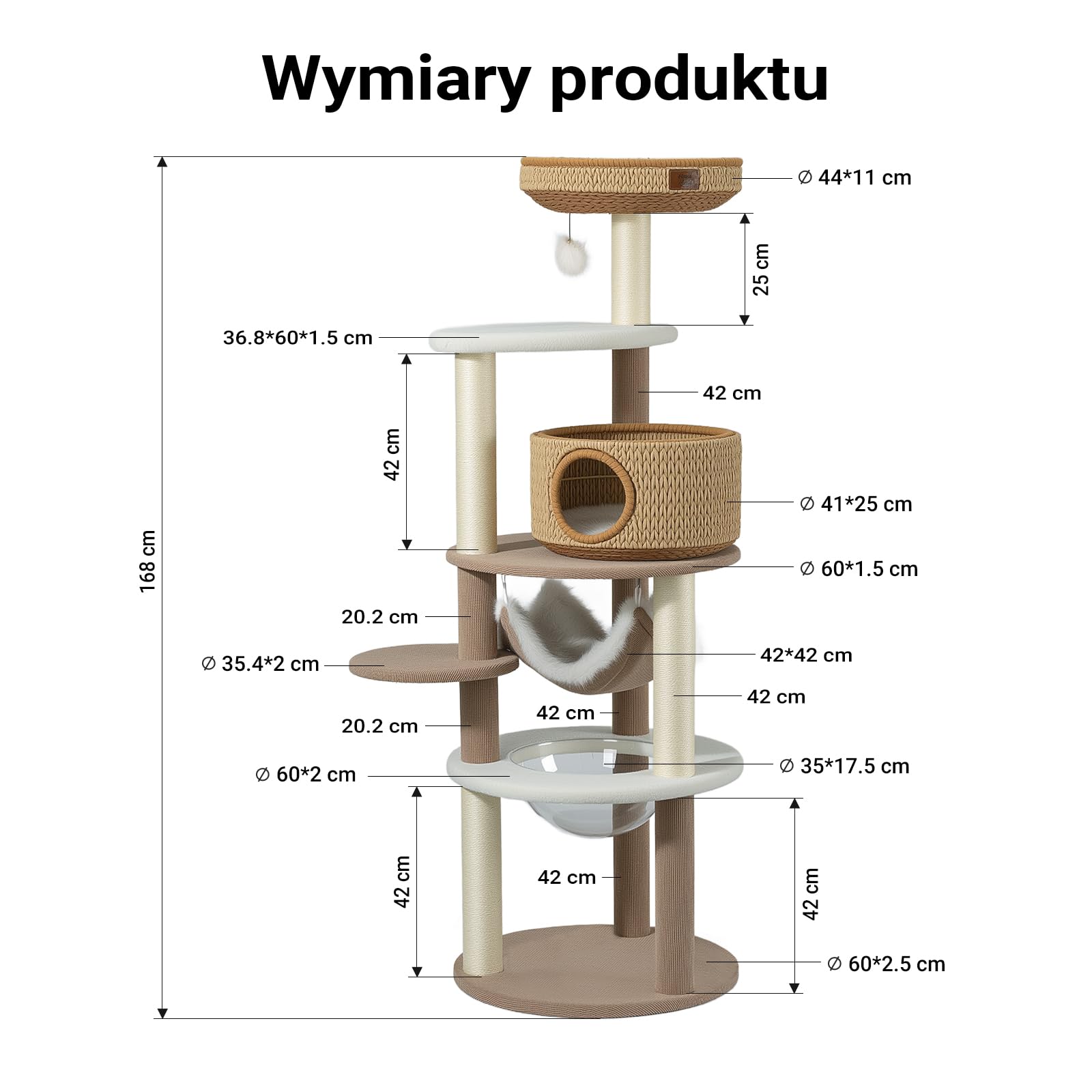 Fudajo Forest Lodge drapak o wysokości 168 cm w kolorze beżowym, drapak z domkiem dla kota, legowiskiem, hamakiem, przezroczystą wnęką do leżenia oraz słupkami do drapania z papierowej liny