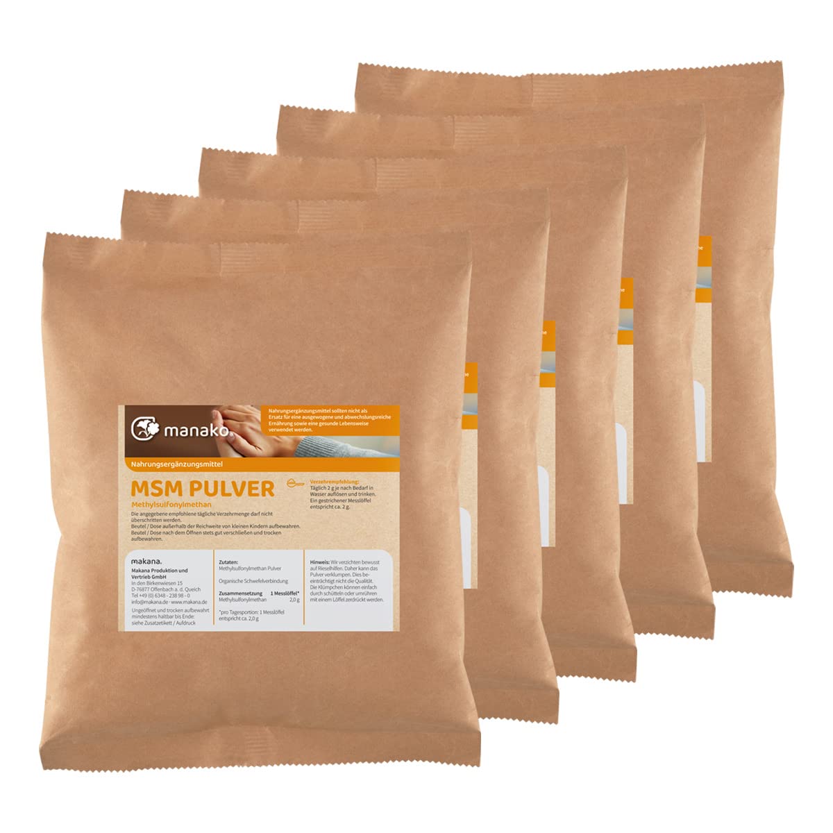 manako MSM (Methylsulfonylmethan) kristallines Pulver, Premiumqualität, 99,9% rein, 5 x 1 kg