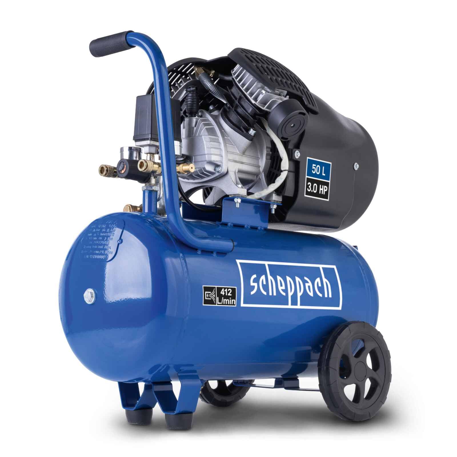 Compresseur Scheppach HC53DC (2200 watts, 50 L, 10 bar, puissance d'aspiration 412 L/​min, limiteur de pression, lubrification à l'huile, vérin double)