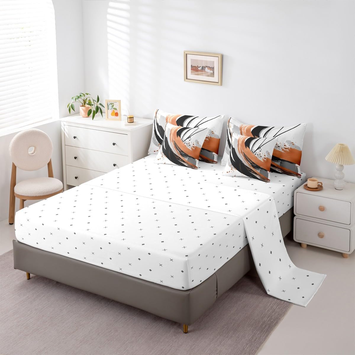 Erosebridal Black Burnt Orange Comforter Sets with Sheets King - Modern Geometric Decorative Abstract Bedding Striped Bed Set for Minimalist Graffiti Aesthetic Lines Bed in A Bag