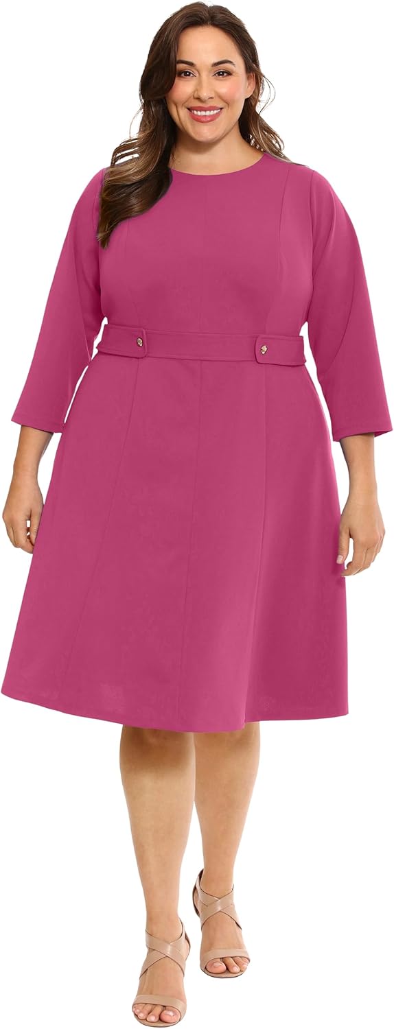London Times Womens Crepe Fit and Flare Midi with Waist Button Detail - Image 5
