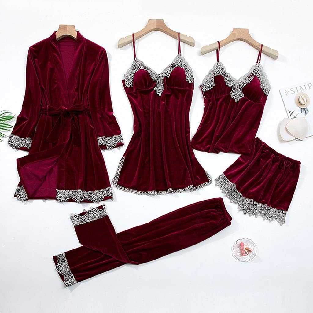 Sexy Lace Nightwear Pajamas Suit Intimate Lingerie Women Velour Sleep Set Kimono Robe Velvet Soft Homewear Sleepwear(Wine red,XL)