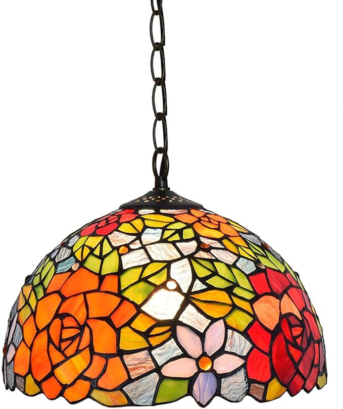 BAJEKO 12 inch Tiffany Tegenhanger Licht Inrichting voor Keukeneiland, Pastorale Victoriaanse Stijl Groen Rood Blauw Oranje Roos Gebrandschilderd Glas Hangende Lamp voor Eetkamer Hal Woonkamer