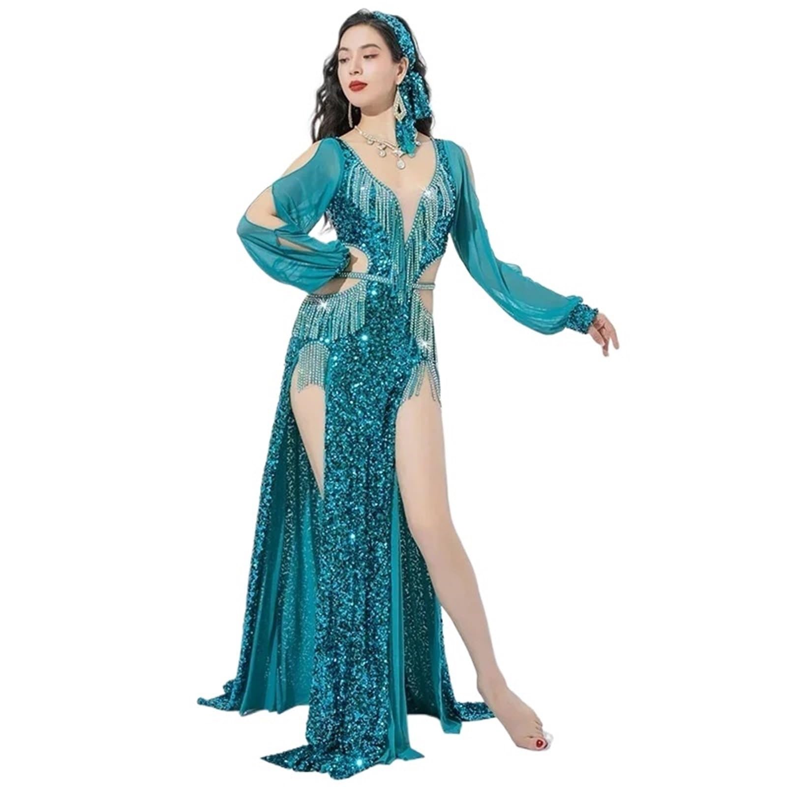 TRRYUIP Belly Dance Skirt Dance Competition Clothing Belly Performance Costume For Women Luxury Sequin AB Stones Fringe Dress Adult(Lake Blue,L)