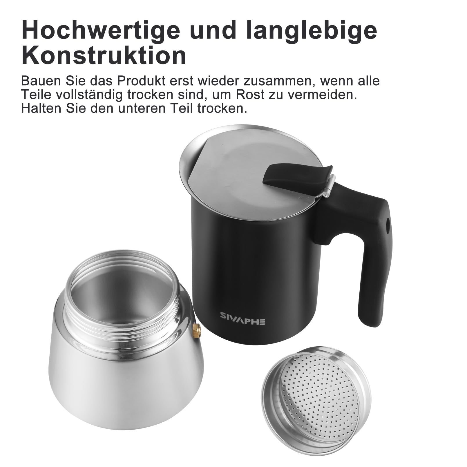 Sivaphe Cafetera de espresso de inducción, cocina de acero inoxidable, cafetera de espresso, cafetera moka, cafetera expreso sin aluminio, 6 tazas, 300 ml, color negro