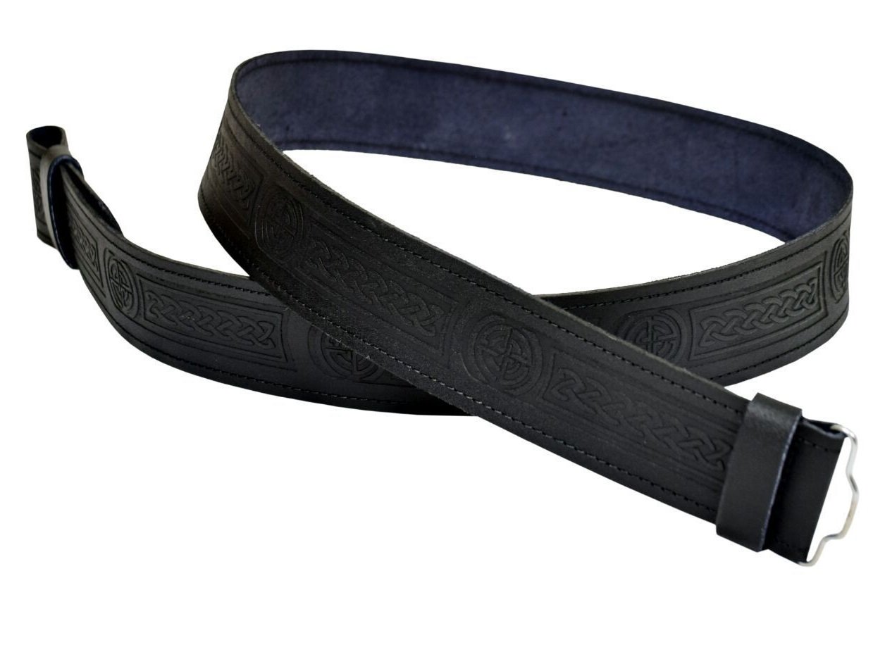 Leather Kilt Belt Adjustable size for Kilts Highland Black Celtic Embossed (M)