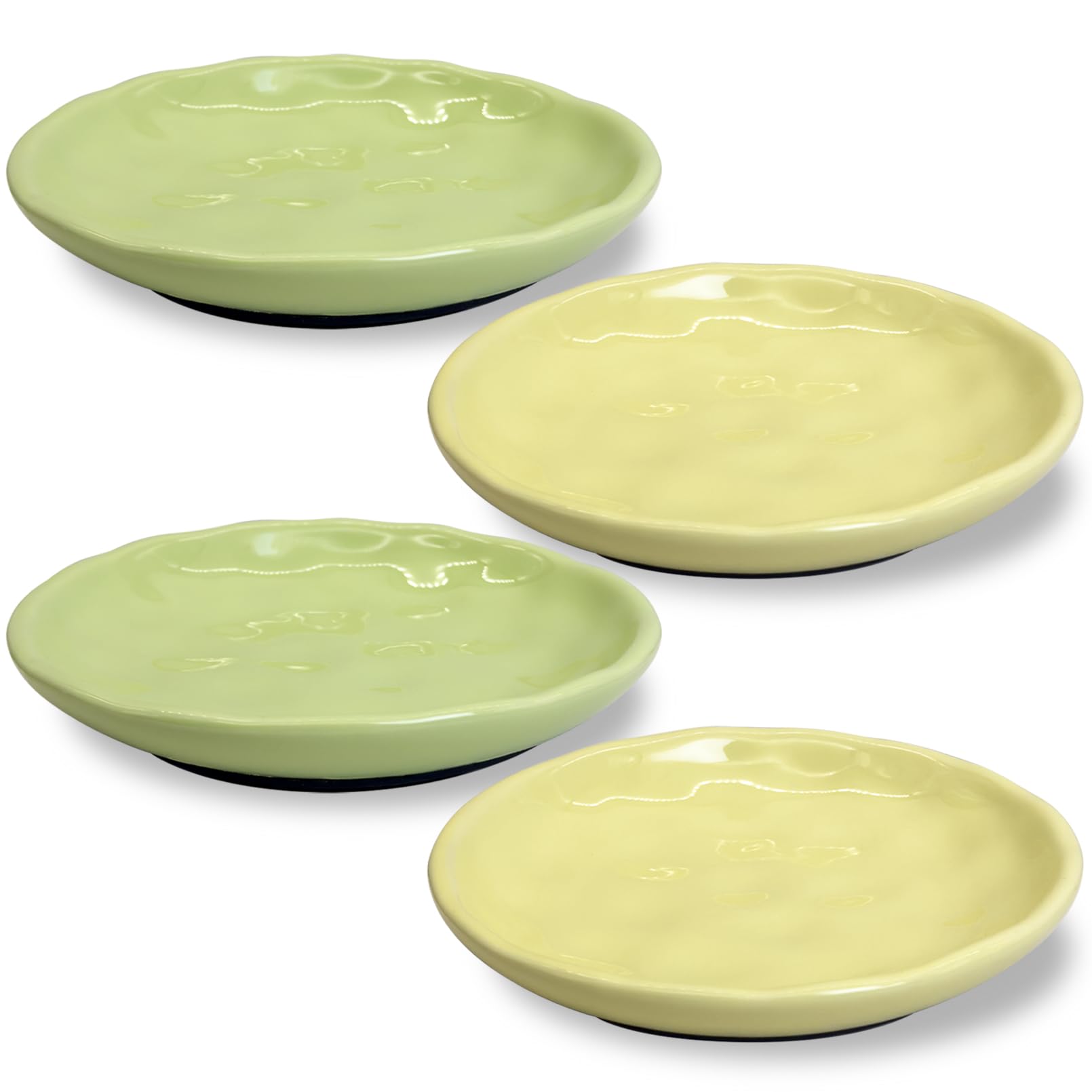 Fhiny 4PCS Cat Food Bowl,6" Ceramic Cat Dishes with Silicone Bottom Shallow Whisker Fatigue Kitten Texture Plates Set for Indoor Cats Non-Slip Wide